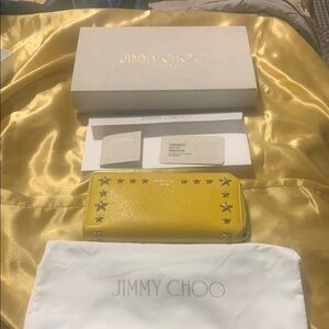 Jimmy Choo Yellow Leather Wallet W/Silver Hardware Stars Full Inclusion